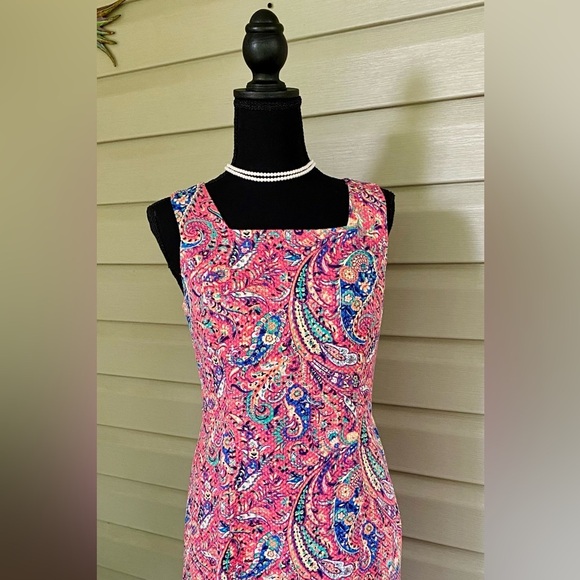 TALBOTS pink salmon Bonaire Paisley Sleeveless Sheath Dress sz 4P open back EUC - Picture 8 of 15